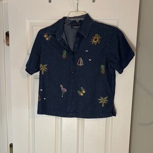 New Directions Blue Button Down Shirt with Embroidered Accents